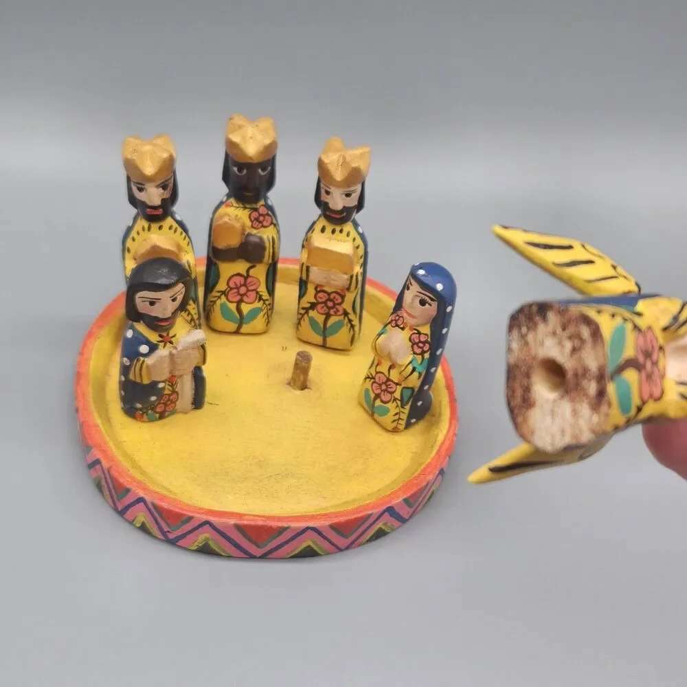 Handpainted Wooden Nativity Set Folk Art Colorful Table Piece Handcarved Mexico